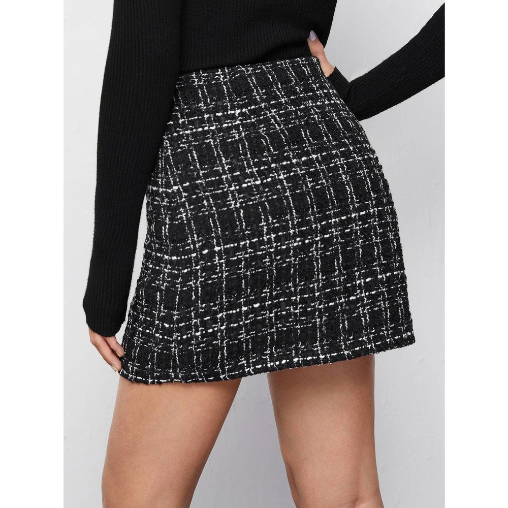 High Waist Plaid Tweed mini Skirt black - Picture 2 of 8